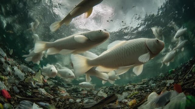 Fish swimming underwater in polluted water filled with plastic waste highlighting microplastic impact on aquatic environment and food chain pollution
