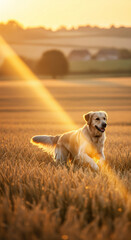 Un Golden Retriever court joyeusement &agrave; travers un champ de bl&eacute; baign&eacute; de soleil au coucher du soleil, rayonnant de bonheur et de libert&eacute; dans l'atmosph&egrave;re chaleureuse et idyllique de la campagne