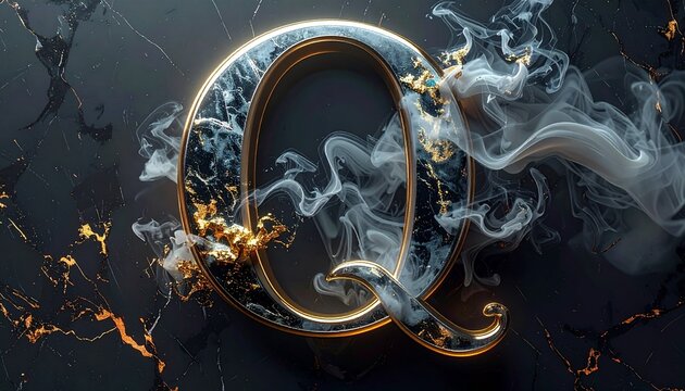 Striking surreal letter Q sculpted from molten gold and liquid glass, swirling with silk and smoke, glowing reflections on cosmic marble for avant-garde luxury calligraphy design - Powered by Adobe