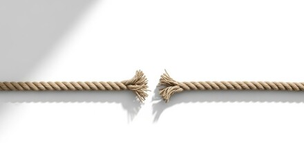 Symbolic representation of tension and breakage with rope on white background for creative design concepts