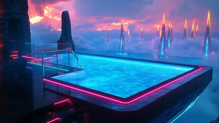 cinematic, surreal, infinity pool, glowing neon lights, futuristic architecture, vibrant sunset sky, sci-fi cityscape, dramatic lighting, moody atmosphere, tranquil water reflection, digital art style