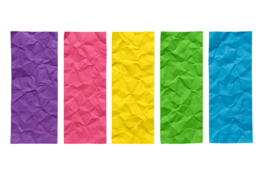 Five brightly colored, wrinkled strips of paper stand vertically against a white background. From left to right, they are purple, pink, yellow, green, and blue. The crumpled texture of each paper stri