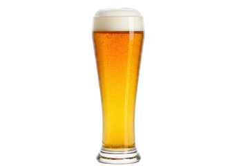 Tall glass of wheat beer with foam isolated on transparent background, refreshing alcoholic beverage for pubs and restaurants