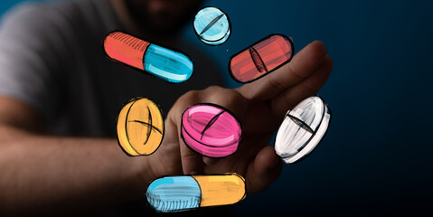 Image of hand interacting with colorful pills.  Perfect for healthcare, pharmacy, or medical concepts.
