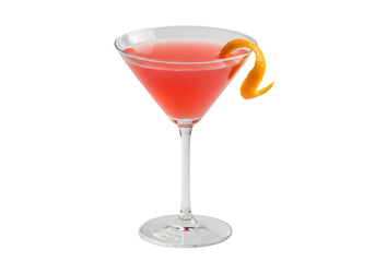 Cosmopolitan cocktail in martini glass isolated, refreshing alcoholic beverage with orange peel garnish