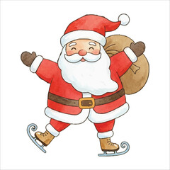 Santa Claus Ice Skating Watercolor Vector Illustration
