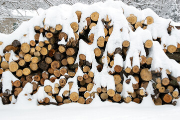 Neatly stacked brown fire wood covered in a layer of white snow with snow covered tree branches in the background.
