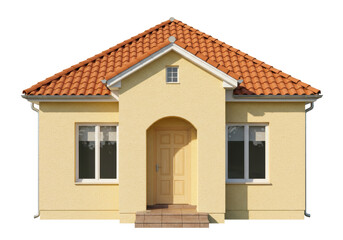 Cozy yellow house with orange tile roof isolated, single-story home with arched doorway and windows for real estate and architectural design