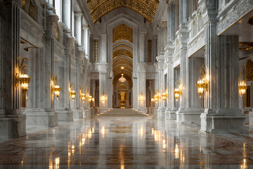 Fototapeta premium monumental marble hall illuminated by golden light pillars creating a grand and luxurious cinematic atmosphere