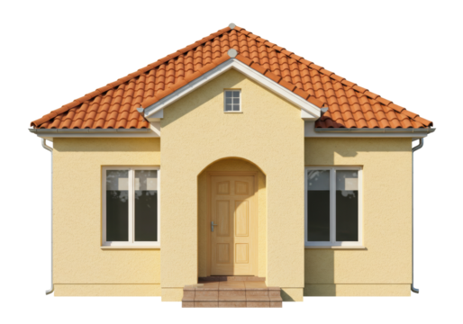 Cozy yellow house with orange tile roof isolated, single-story home with arched doorway and windows for real estate and architectural design - Powered by Adobe
