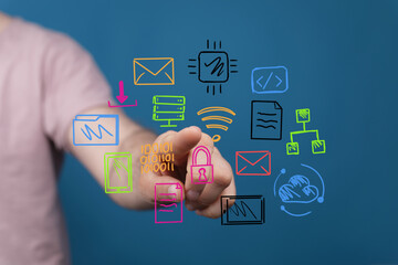 Hand interacting with digital icons representing data security, cloud computing, and network...