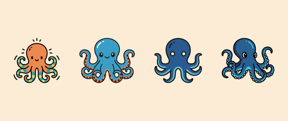 Cute octopus icons set in different styles, funny underwater sea animal vector illustration.