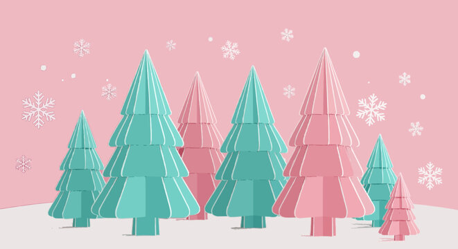 Pastel 3D paper cutout Christmas trees in pink and turquoise with delicate snowflakes on a soft pink background.