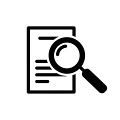 Magnifying glass over document icon, isolated on white background symbol of research and analysis