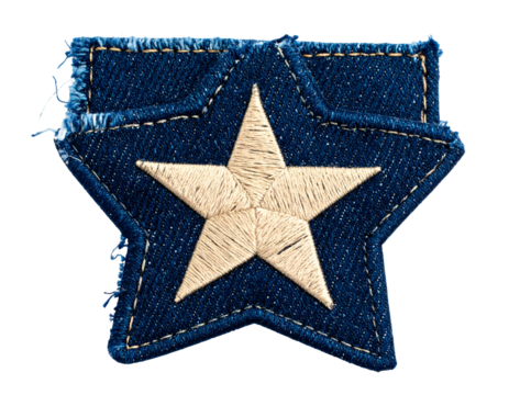 A denim patch with a stitched star, frayed edges, isolated on black