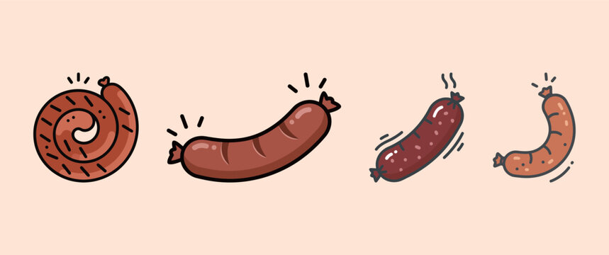 Set of four delicious cartoon sausage and bratwurst icons in different shapes for barbecue and meat design