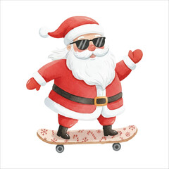 Obraz premium Santa Claus Skateboarding Watercolor Vector on White Background 