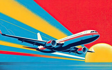 Fototapeta premium A stylized airliner soars through a vibrant sky, sun setting over ocean, rendered with bold colors