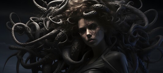 art of Zeus vs medusa a black and white high contrast full bodys,generative AI