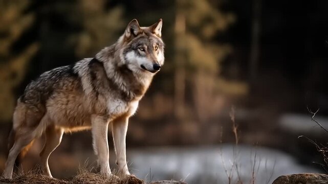 Alert wolf walks near tranquil water with soft sunlight on fur in nature