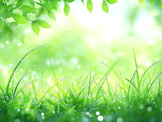 Sparkling Dewdrops on Fresh Grass in Soft Morning Light