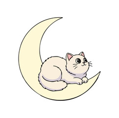 Cute cat sitting on the moon, dreamy whimsical t-shirt vector design, minimalist pastel illustration