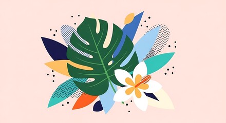 Vibrant Tropical Leaves and Flower Abstract Design.