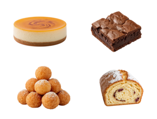 Assorted desserts including cake, brownies, dough balls, and roll  on a transparent background