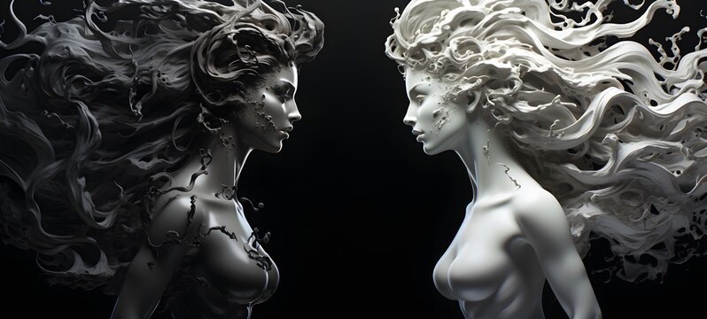 art of Zeus vs medusa a black and white high contrast full bodys,generative AI