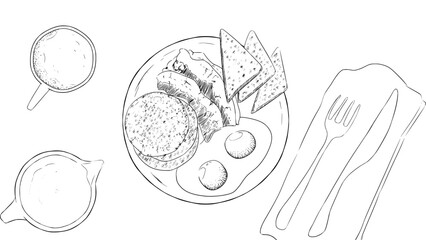 Illustration Sketch of American breakfast set Hand drawn Style