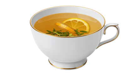 Elegant white teacup with lemon and herbs isolated PNG, herbal tea for wellness and healthy lifestyle
