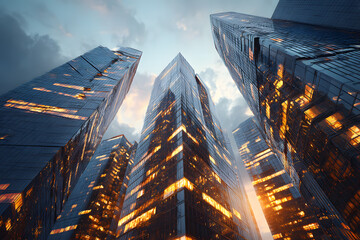 towering glass skyscrapers glowing under warm golden light in a cinematic epic scene of futuristic business success