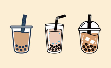 Bubble Tea Vector Collection: Three Different Cartoon Boba Milk Tea Cups in Flat Outline Style