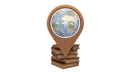 Earth globe in map pointer on stack of books isolated, education and global knowledge concept in 3D rendering PNG