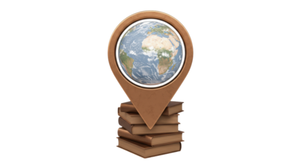 Earth globe in map pointer on stack of books isolated, education and global knowledge concept in 3D rendering PNG
