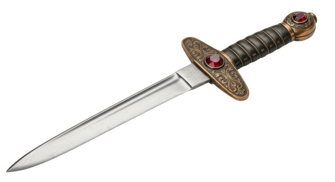 Ornate dagger with red gems isolated on white, antique weapon with decorative handle and blade for historical reenactment