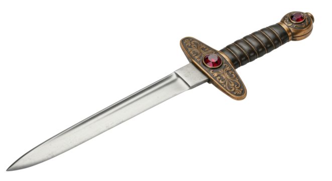 Ornate dagger with red gems isolated on white, antique weapon with decorative handle and blade for historical reenactment