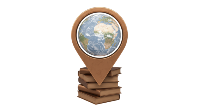 Earth globe in map pointer on stack of books isolated, education and global knowledge concept in 3D rendering PNG