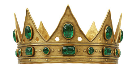Ornate golden crown with green emeralds isolated on transparent background, royal jewelry for coronation and fantasy themes