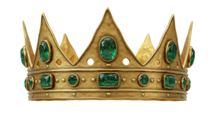 Ornate golden crown with green emeralds isolated on transparent background, royal jewelry for coronation and fantasy themes