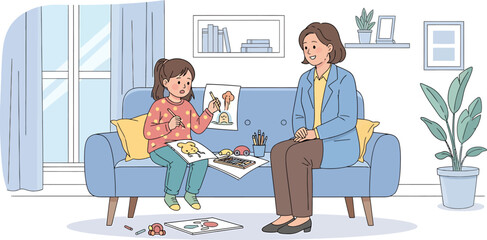 A Young Girl Shares Artwork With an Adult on a Sofa in a Cozy Living Room Setting