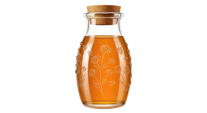 Glass bottle with cork stopper and flower pattern isolated, filled with golden liquid on transparent background, decorative container for oil or syrup
