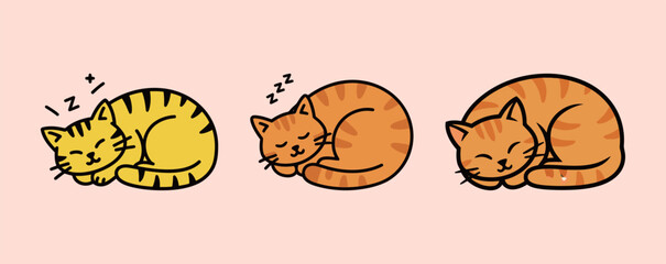 Set of three cartoon sleeping cats curled up, adorable domestic pet vector illustration on pink background.