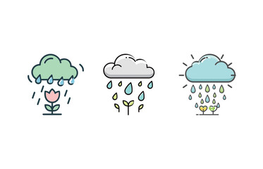 Set of three cartoon clouds raining on growing plants and flowers, weather and nature icon vector illustration.