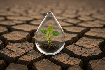 Hope in Miniature: Protected Plant in Water Bubble on Cracked Soil
