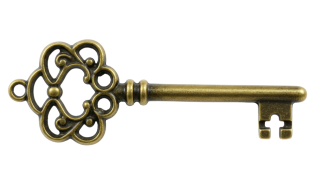 Ornate antique key isolated on transparent background, vintage brass skeleton key for decoration and design - Powered by Adobe