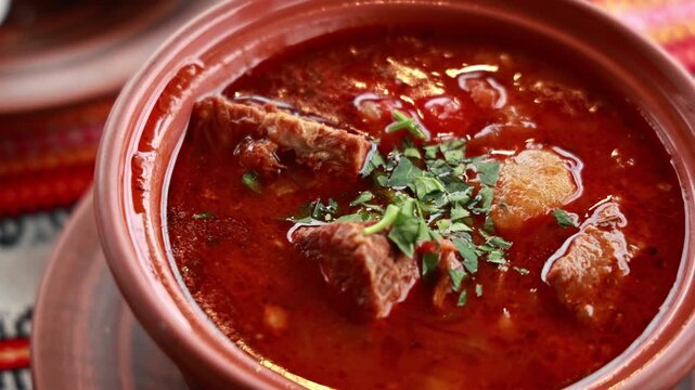 Authentic Ukrainian borscht soup served in a traditional clay bowl, rich red color and chopped parsley