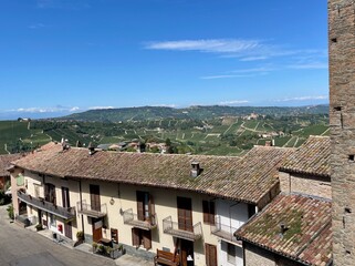 Street scene in historical town Castello di Serralunga d'Alba, Piedmont, Italy.