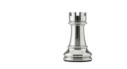 Silver rook chess piece isolated on white, shiny metal chessman for board game strategy and competition