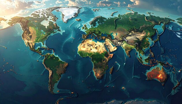 An artistic, stylized world map showing continents and oceans. The image includes a high-angle, three-dimensional perspective with detailed topography